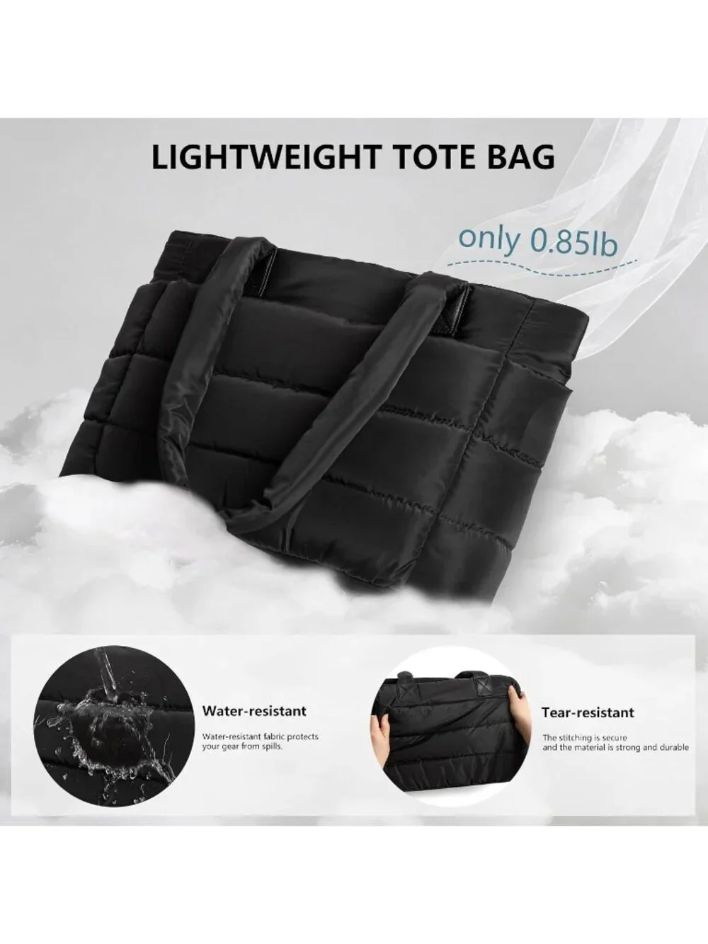 👜Women's Black Set Quilted Puffer Tote Bag Lightweight Work For Travel Handbags